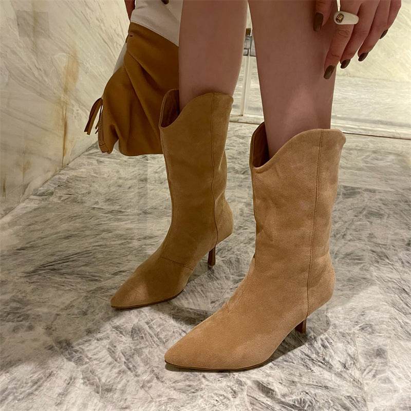 Pointed-toe Retro Western Cowboy Boot Slimming Suede Mid Boots - Mubimart