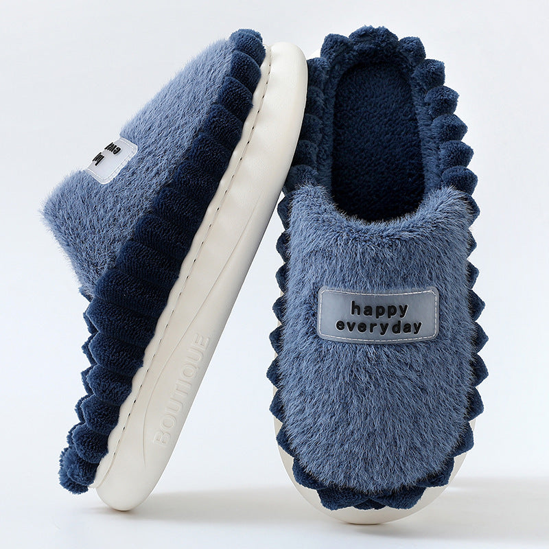 Home Slippers For Men Thick-soled Color-block Letters Fluffy Fleece  House Shoes Winter Indoor Warm Slip On Floor Bedroom Slipper - Mubimart - Womens Slipper 