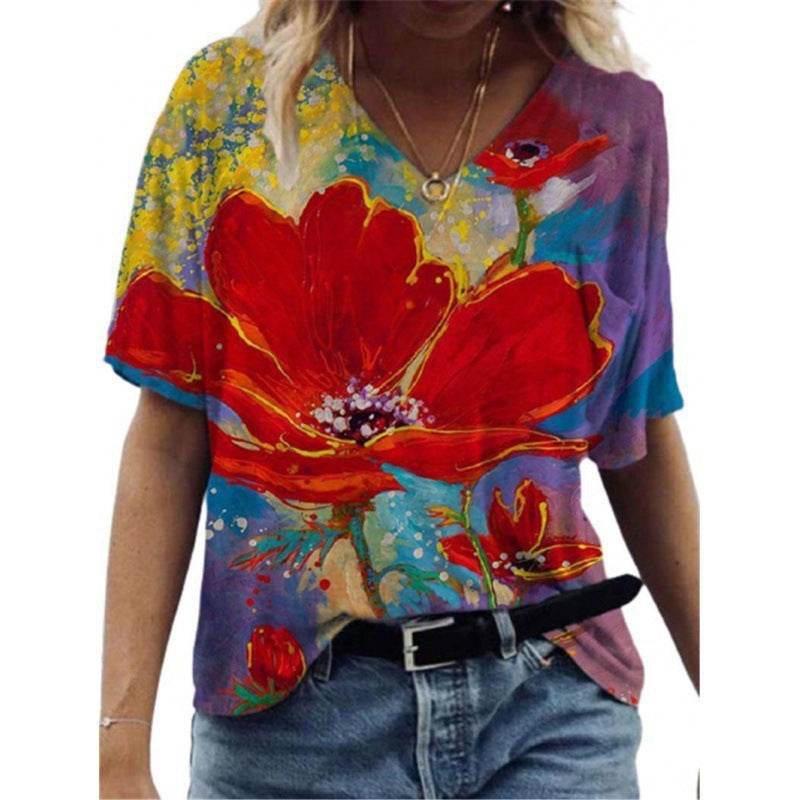 Flower Painting Printed T-shirt For Women - Mubimart