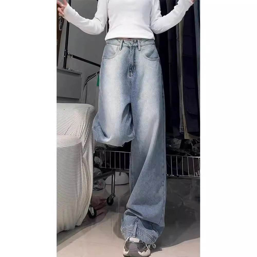 Water Washed Retro Oversize Wide Leg Jeans For Women - Mubimart