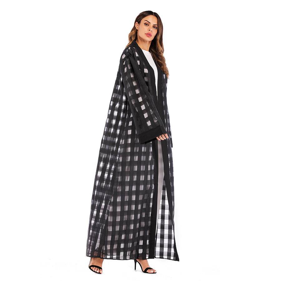Muslim Plaid Loose Sleeved Lace Up Robe For Women - Mubimart
