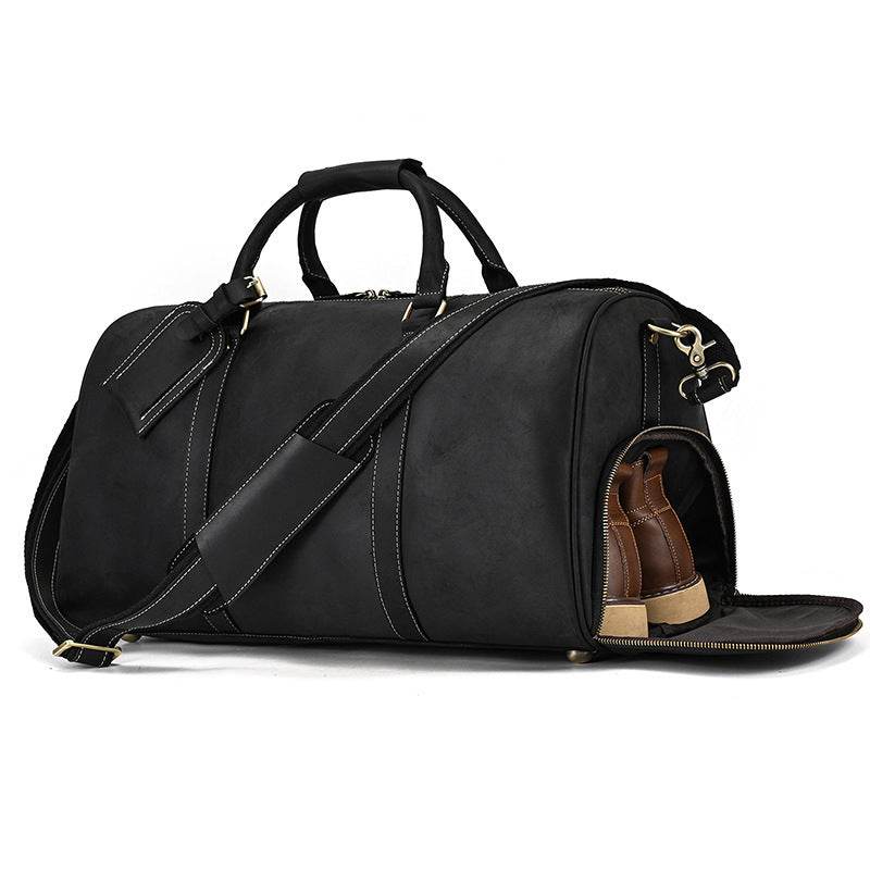 Men's Real-leather Traveling Black Gym Bag - Mubimart