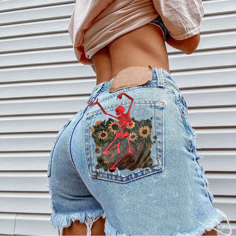 Women Printed Spring Summer Denim Shorts - Mubimart