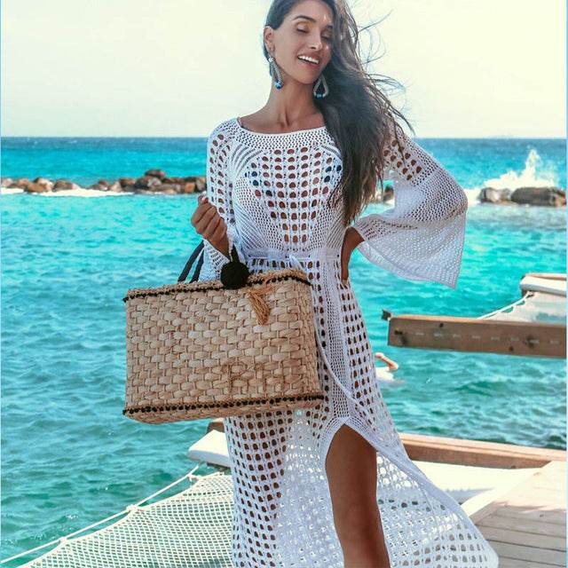 Women Crochet Beach Knitted Beach Cover Up Dress Tunic Long - Mubimart