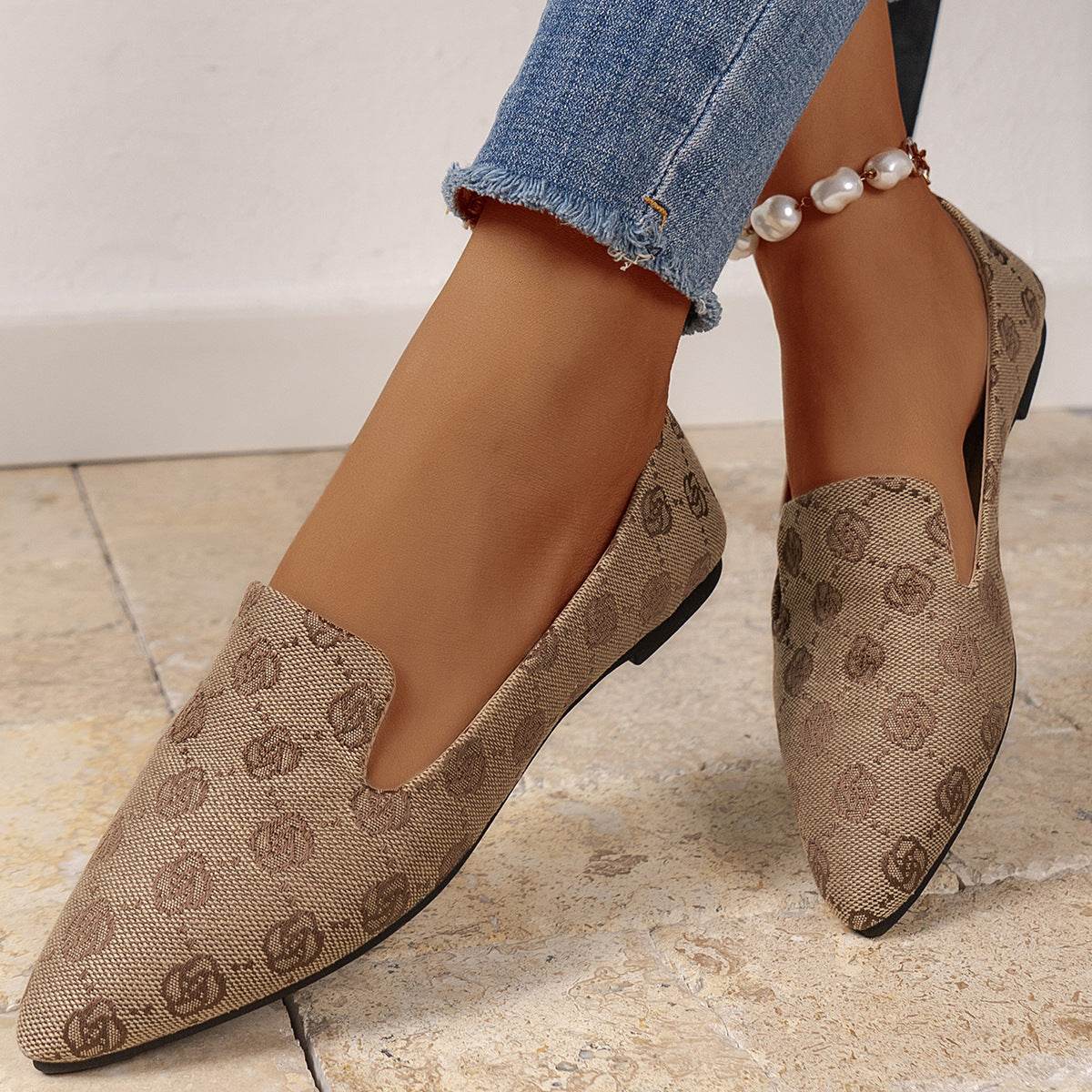 Rose Print Flats Shoes Fashion Casual Pointed Toe Canvas Loafers Lazy Shoes For Women - Mubimart