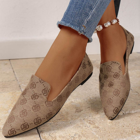 Rose Print Flats Shoes Fashion Casual Pointed Toe Canvas Loafers Lazy Shoes For Women - Mubimart