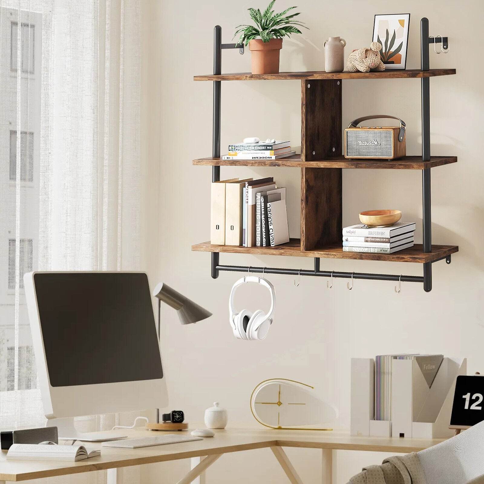 3 Tier Floating Shelves Metal Brackets Wall Mounted Shelf Over Toilet Bathroom - Mubimart