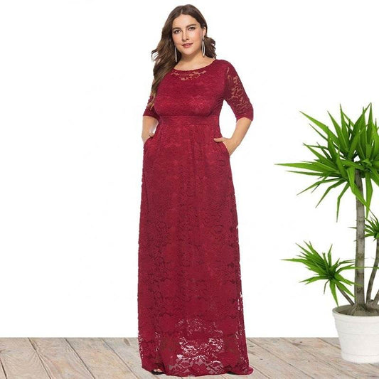 Plus Size Women New Hollow Lace Pocket Dress - Mubimart