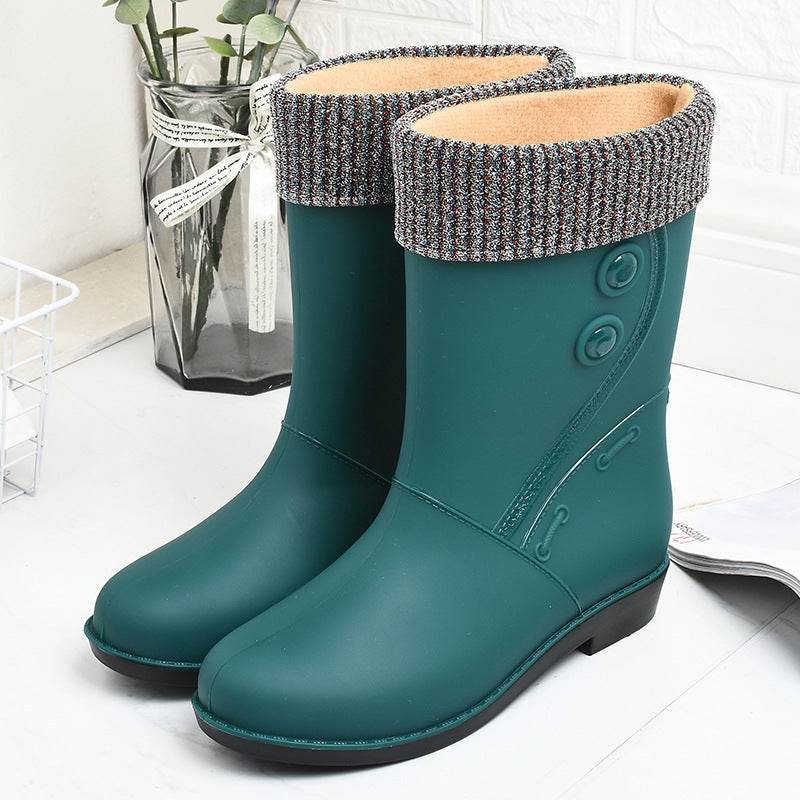 Fashion Velvet Padded Rain Boots Women Warm Knee-high Rain Boots - Mubimart