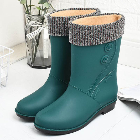 Fashion Velvet Padded Rain Boots Women Warm Knee-high Rain Boots - Mubimart