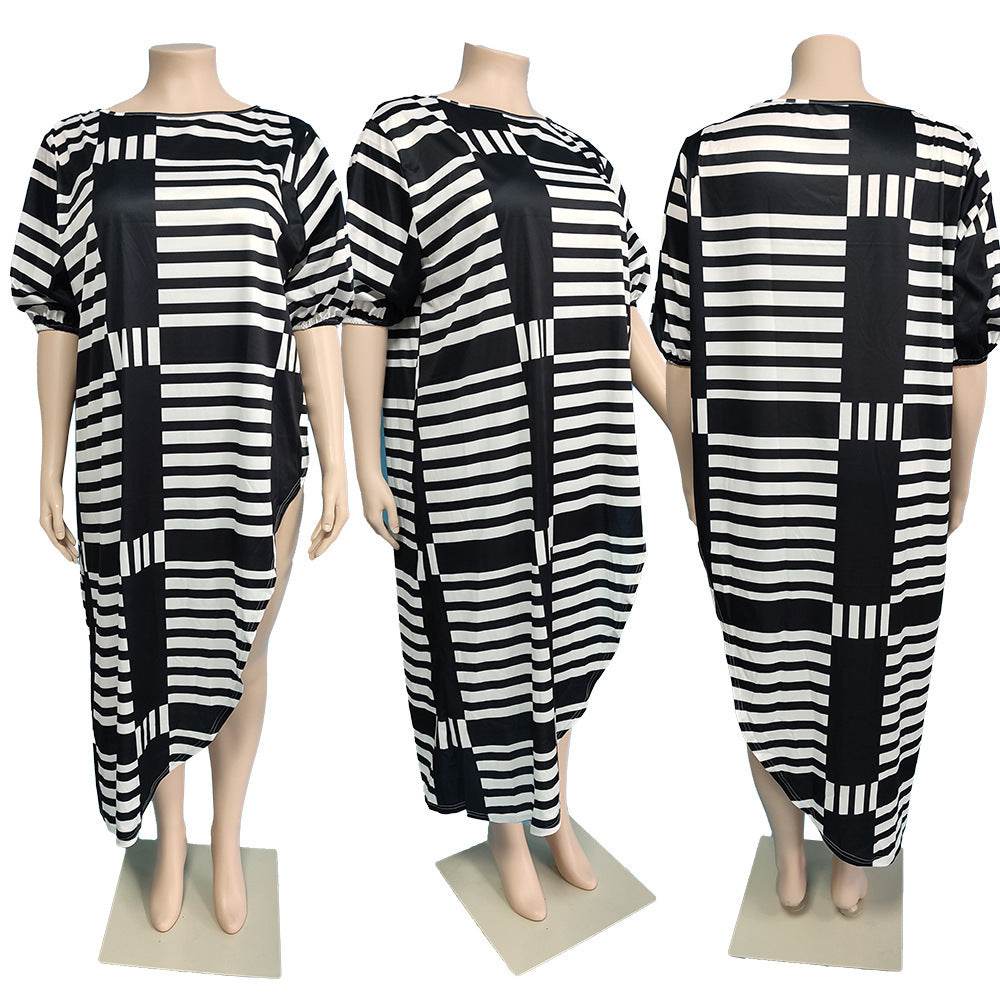 Loose Personality Striped Plus Size Women's Casual Dress - Mubimart