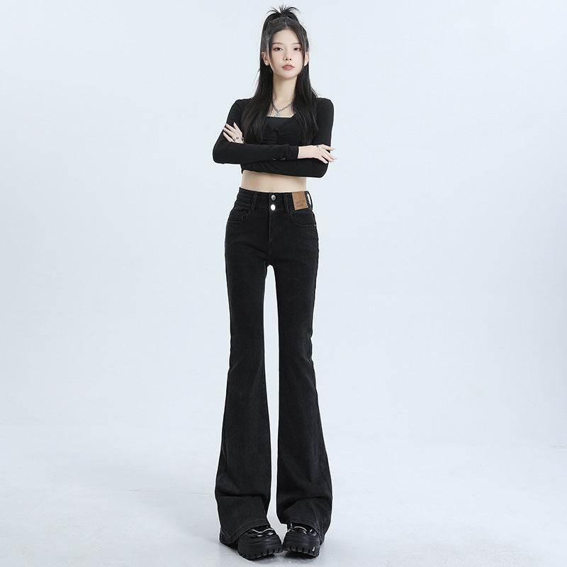 High Waist Slimming Hot Girl Double Buckle Slightly Flared Jeans Women - Mubimart