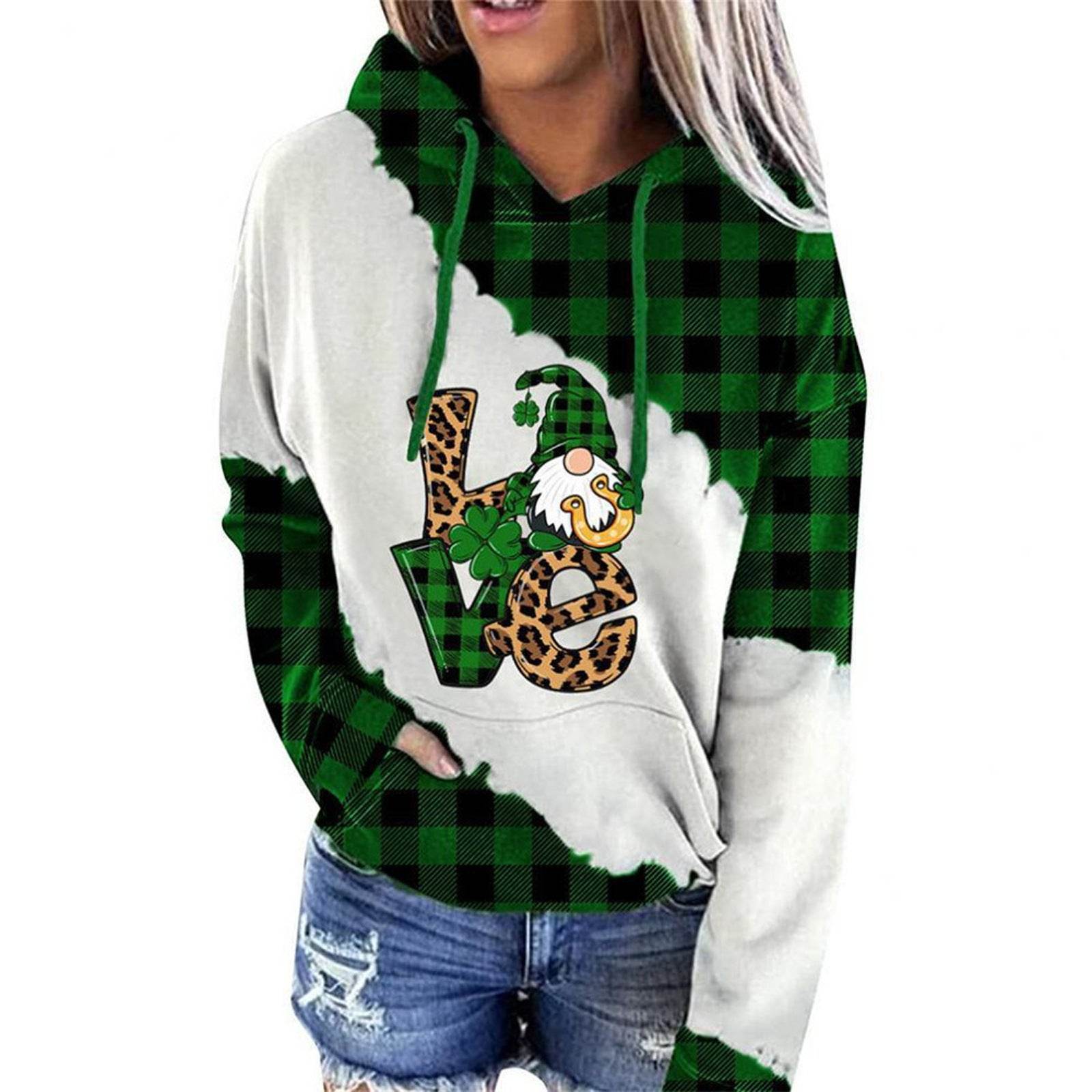 Women Sweatshirts Lucky Grass Print Streetwear Sweatshirts Hoodie Pullover Loose Casual Hooded Tops Clothes - Mubimart