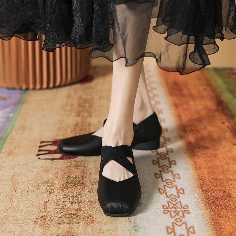 Mary Jane Women's Chunky Heel Lace-up Ballet Flats - Mubimart