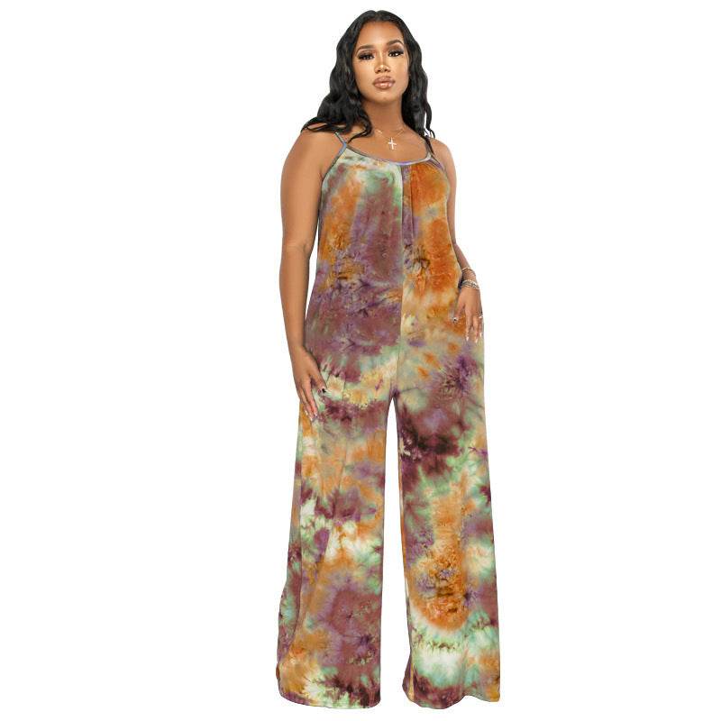 Tie-dyed Printed Sling Casual Plus Size Jumpsuit - Mubimart