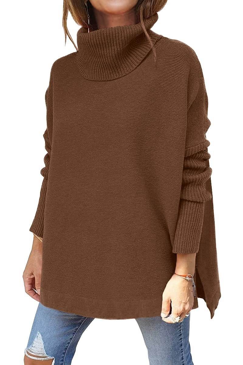 Turtleneck Sweater Mid Length Batwing Sleeve Slit Hem Tunic Pullover Sweaters Winter Tops Women Clothing - Mubimart