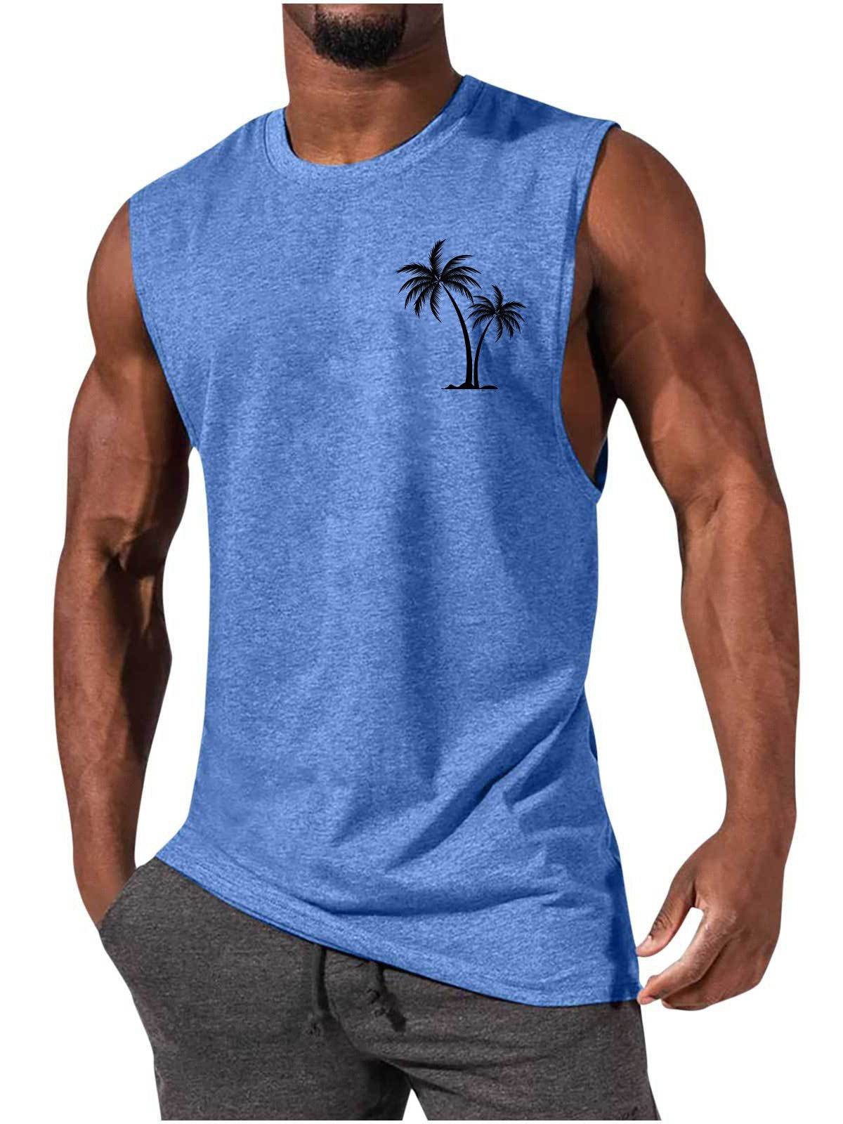 Coconut Tree Embroidery Vest Summer Beach Tank Tops Workout Muscle Men Sports Fitness T-shirt - Mubimart