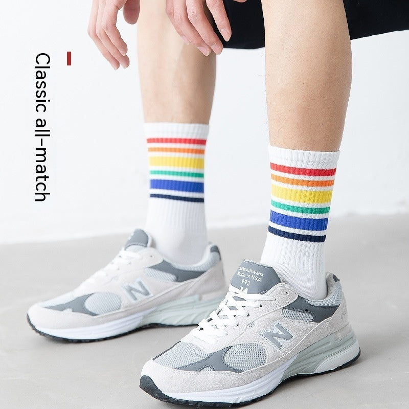 Trendy Pure Cotton Mid-calf Length Socks High-top Skateboard Basketball Socks Fashion Striped Athletic Socks - Mubimart -  