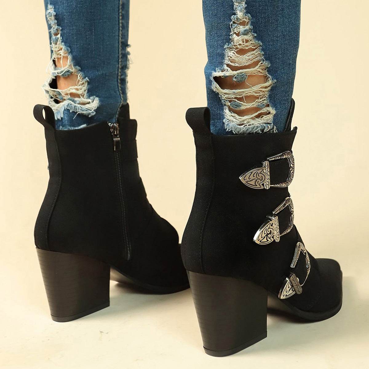 Chunky Heel Pointed Toe Boots With Belt Buckle Design Retro Mid-calf Boot Fashion Fall Winter Shoes For Women - Mubimart