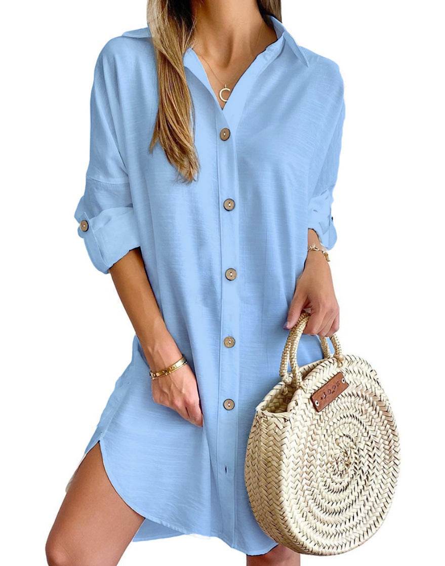 Autumn Leisure Long Sleeve Lapel Button Shirt Dress Womens Clothing - Mubimart