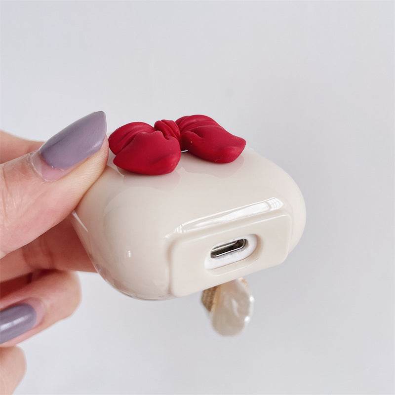 Beige Red Bow Shell Pendant Wireless Earphone Case - Mubimart