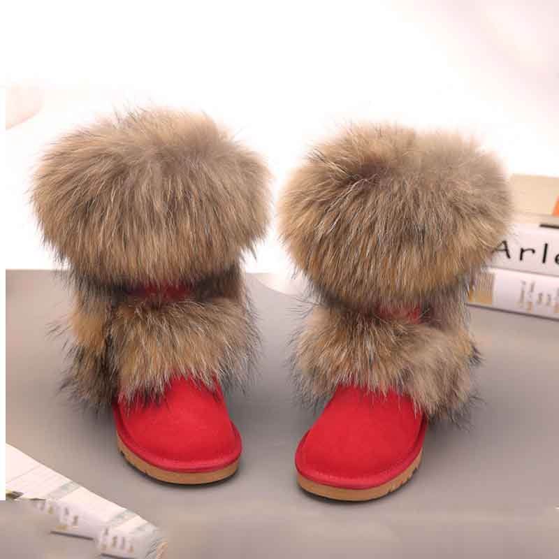Women's Winter Mid-calf Fox Fur Snow Boots - Mubimart