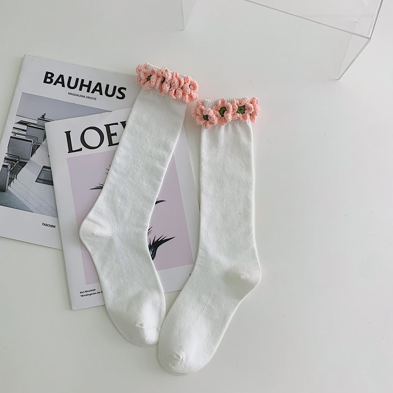 Handmade Flowers Calf Socks Women's Cotton Long Tube Internet Celebrity INS Tide High Tube JK Knee-length Calf Socks - Mubimart -  