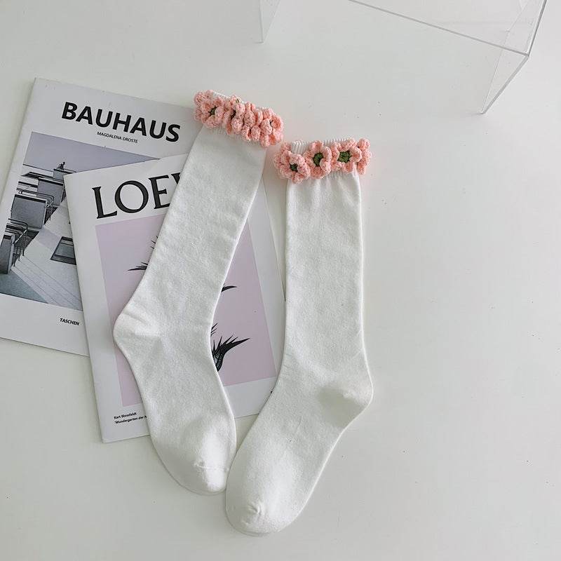 Handmade Flowers Calf Socks Women's Cotton Long Tube Internet Celebrity INS Tide High Tube JK Knee-length Calf Socks - Mubimart