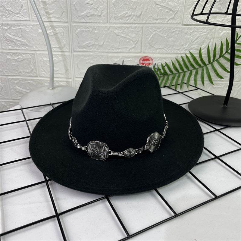 Hat Silver Square Chain Top Hat Wide Brim Flat Edge Woolen Fedora Hat - Mubimart