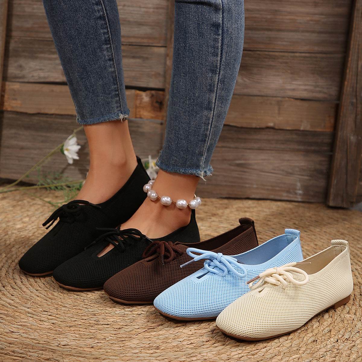 Casual Lace-up Mesh Flats Shoes Women Fashion Solid Color Loafers Lazy Shoes - Mubimart