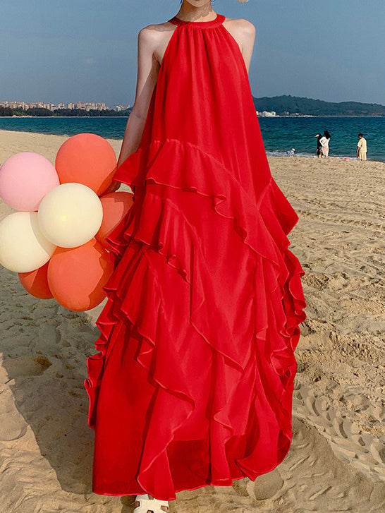 Elegant Halterneck Ruffled Maxi Dress - Mubimart