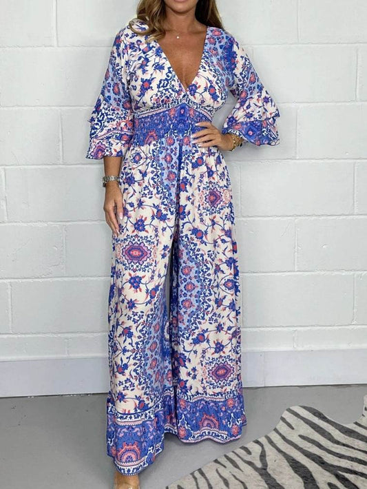 V-neck Printed Jumpsuit Plus Size Casual Jumpsuit - Mubimart