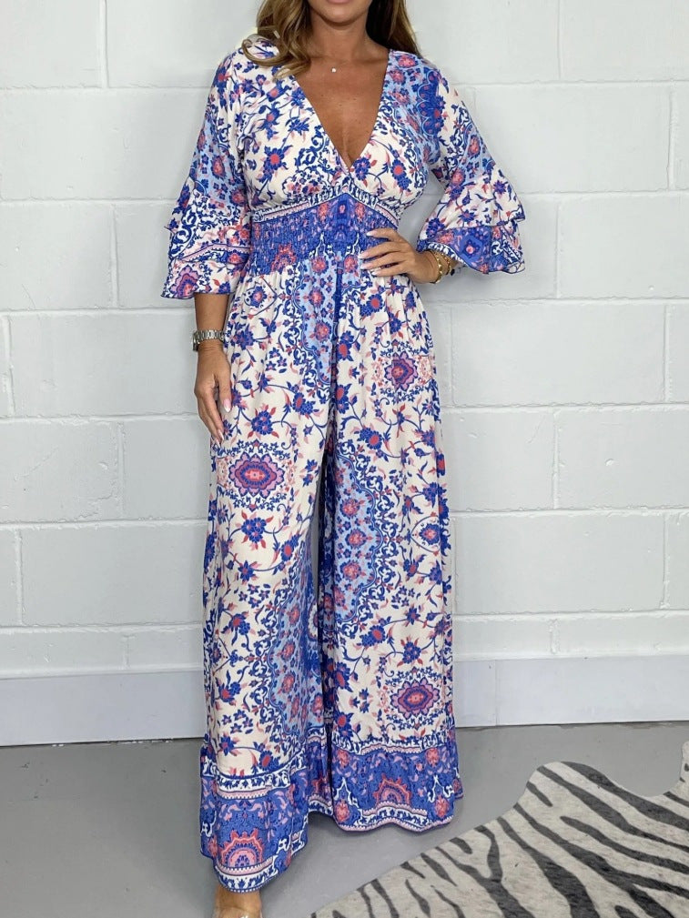 V-neck Printed Jumpsuit Plus Size Casual Jumpsuit - Mubimart -  