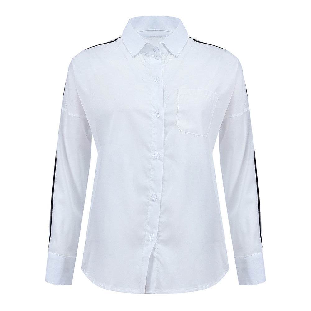 Blouse Women Casual White Stripe Long Sleeve Botton Shirt - Mubimart