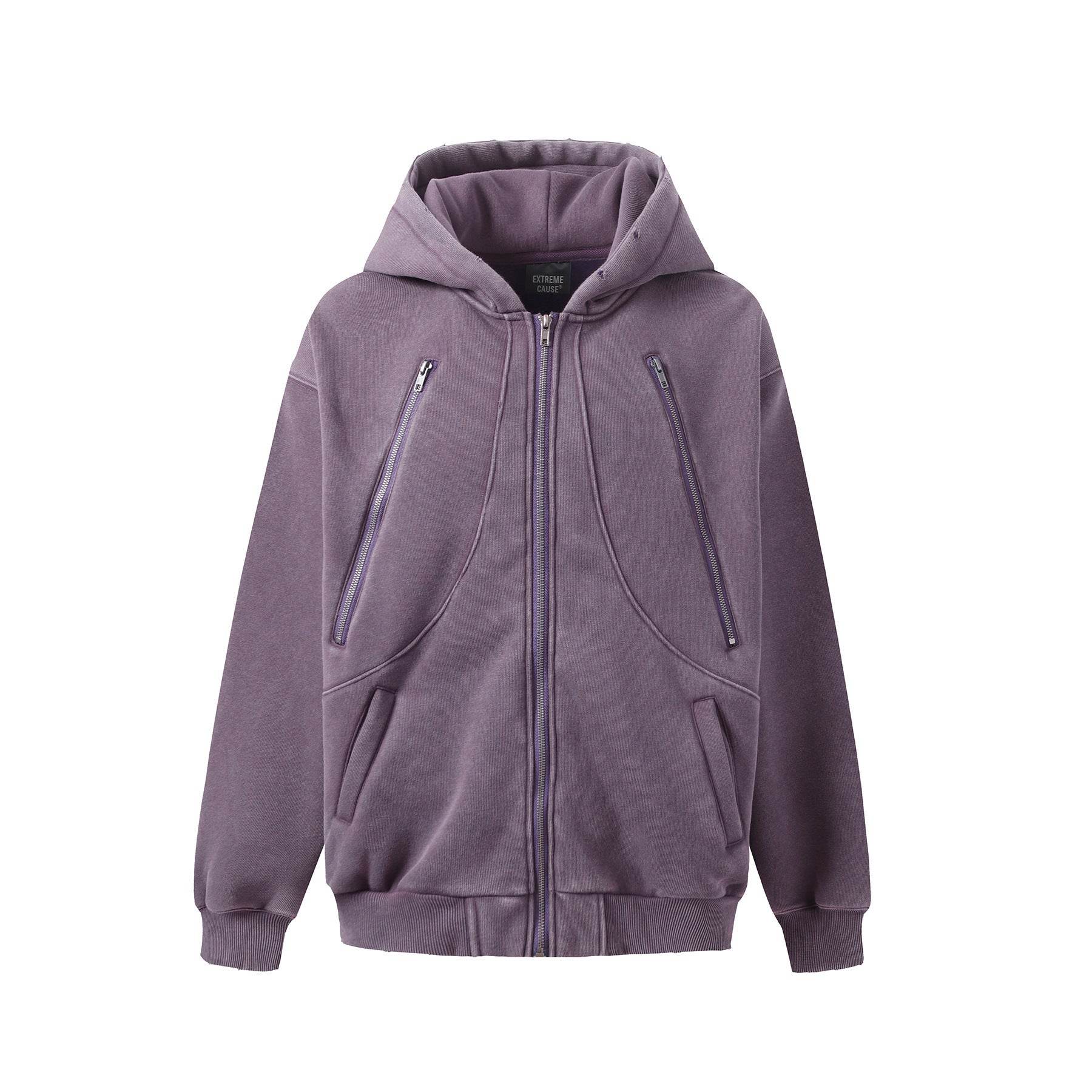 New Hoodie Fleece-lined Washed Zipper Sweater - Mubimart