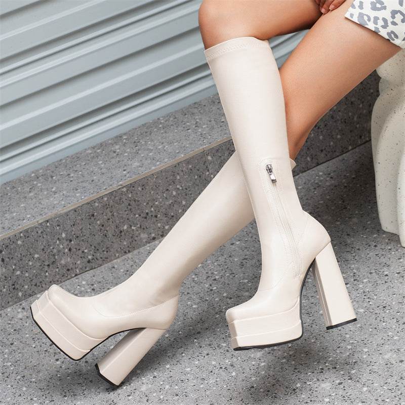 Women's Square Toe Side Zip High Boots - Mubimart