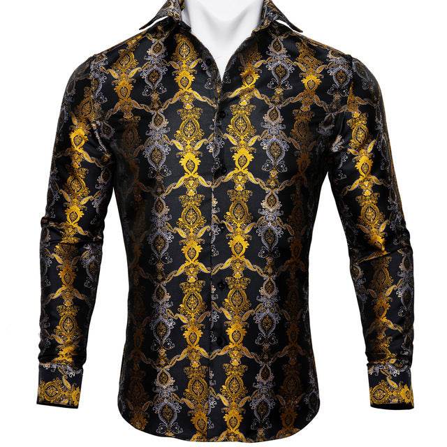 Barry.Wang Teal Paisley Floral Silk Shirts Men Autumn Long Sleeve Casual Flower Shirts For Men Designer Fit Dress Shirt BCY-05 - Mubimart