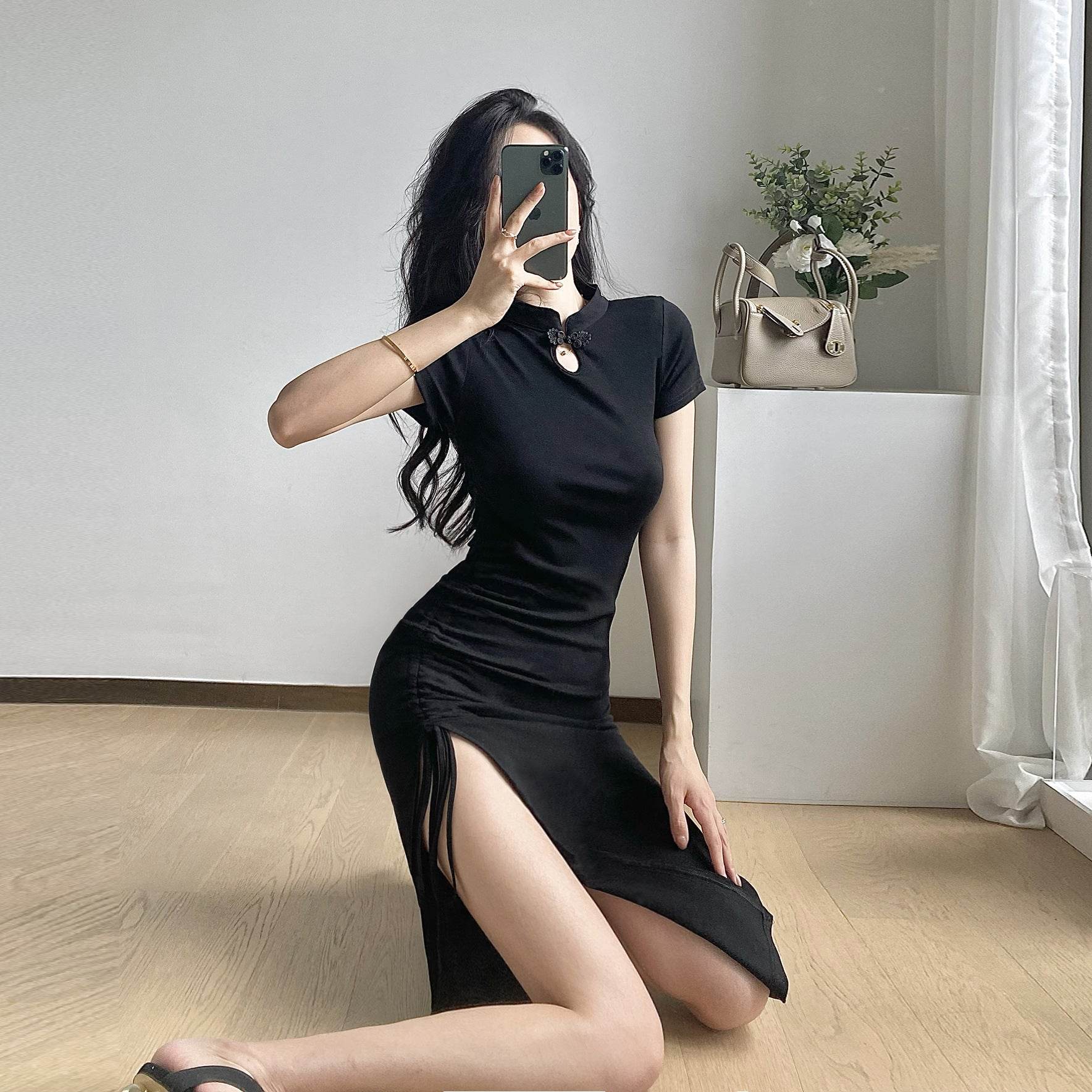 Black Ruched Bodycon Mid Length Dress - Mubimart
