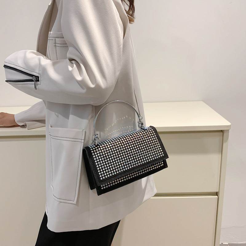 Chain Crossbody Bag Women Handbag Glitter Crystals Plain Daily Silver Black Shoulder Bag - Mubimart