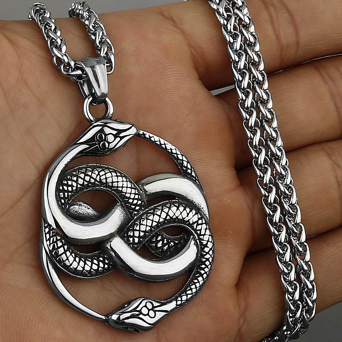 Mens Fashion Double Snake Staff Pendant Necklace - Mubimart