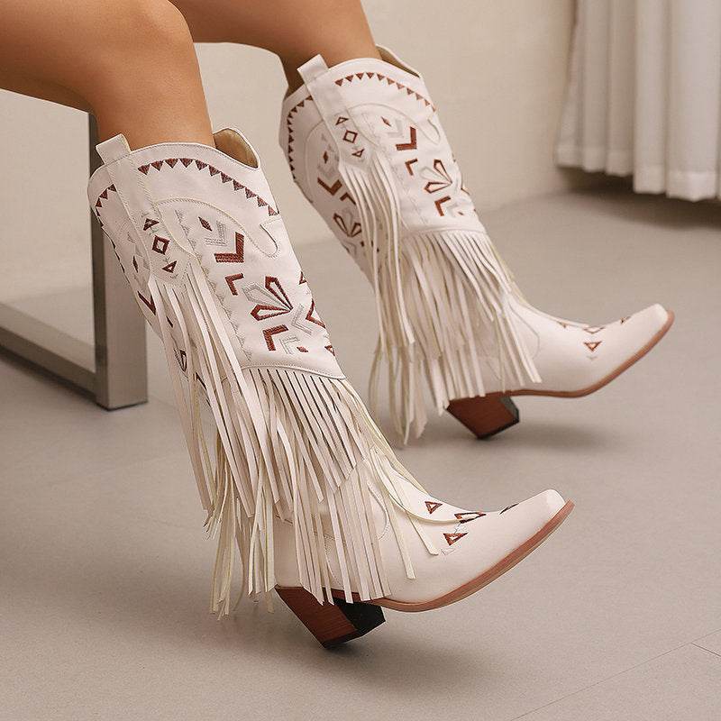 High Heel Tassel Decoration Below The Knee Western Cowboy Boot - Mubimart