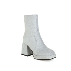 Square Toe Booties Female High Heel Martin Boots Sequin High Heels Ankle Boots