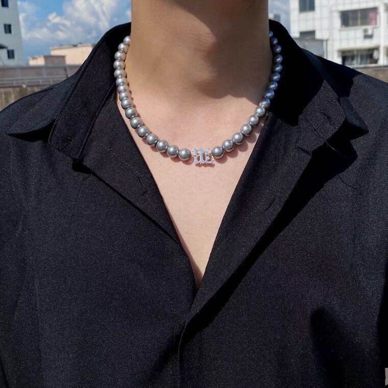 Mens Fashionable And Versatile Gray Pearl Letter Necklace - Mubimart
