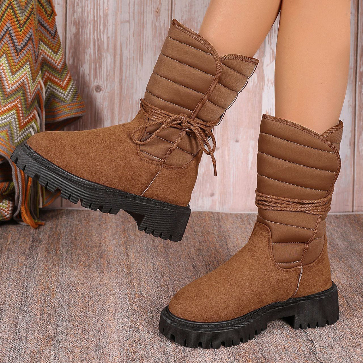 Fashion Mid-calf Snow Boots With Lace-up Design Winter Warm Thickened Low-heeled Boot Women's Casual Shoes Outdoor