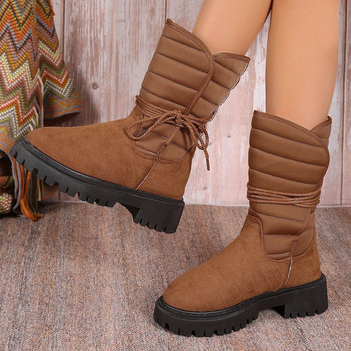 Fashion Mid-calf Snow Boots With Lace-up Design Winter Warm Thickened Low-heeled Boot Women's Casual Shoes Outdoor - Mubimart