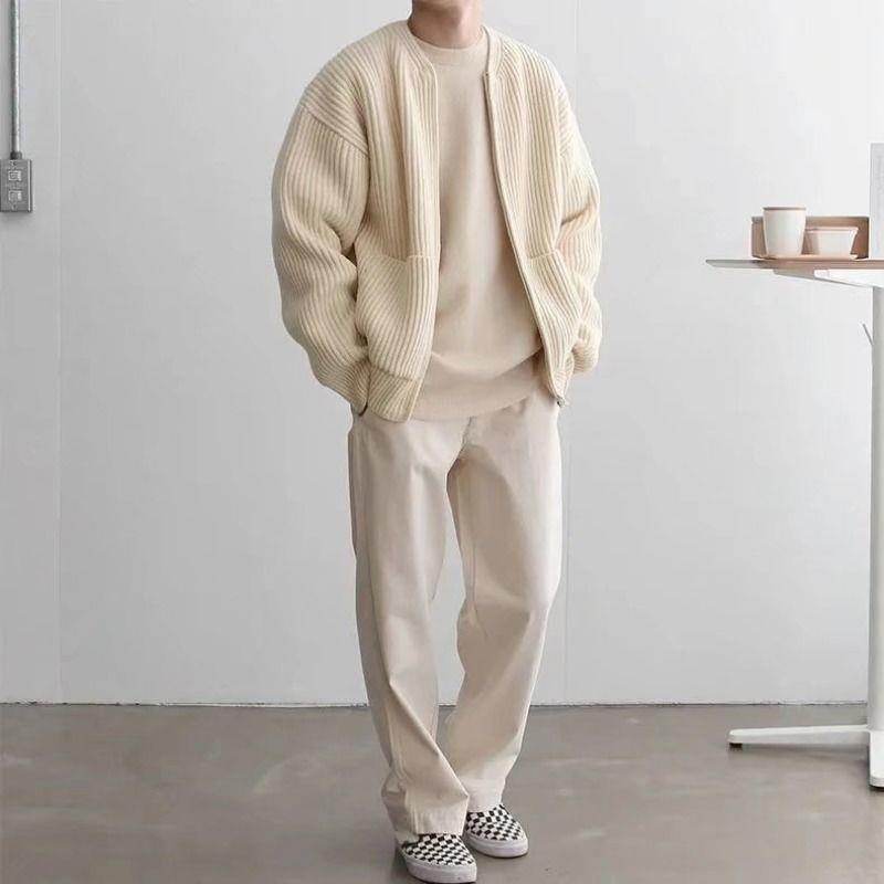 Men Zip Up Knitted Cardigan Lined Funnel Neck Jumper Sweater Pockets Coat All Seasons Comfortable Soft Long Sleeve - Mubimart