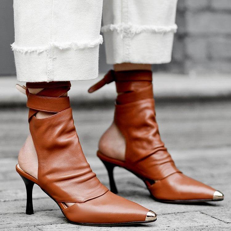 Pointed Toe Stilettos Women's Shoes Sandals Metal Toe Hollow Sandals - Mubimart
