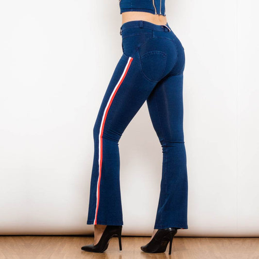 Shascullfites Melody Fashion White Red Side Stripe Flare Jeans Butt Lifting Female Casual Elasticity Dark Blue Denim Bell Pants - Mubimart