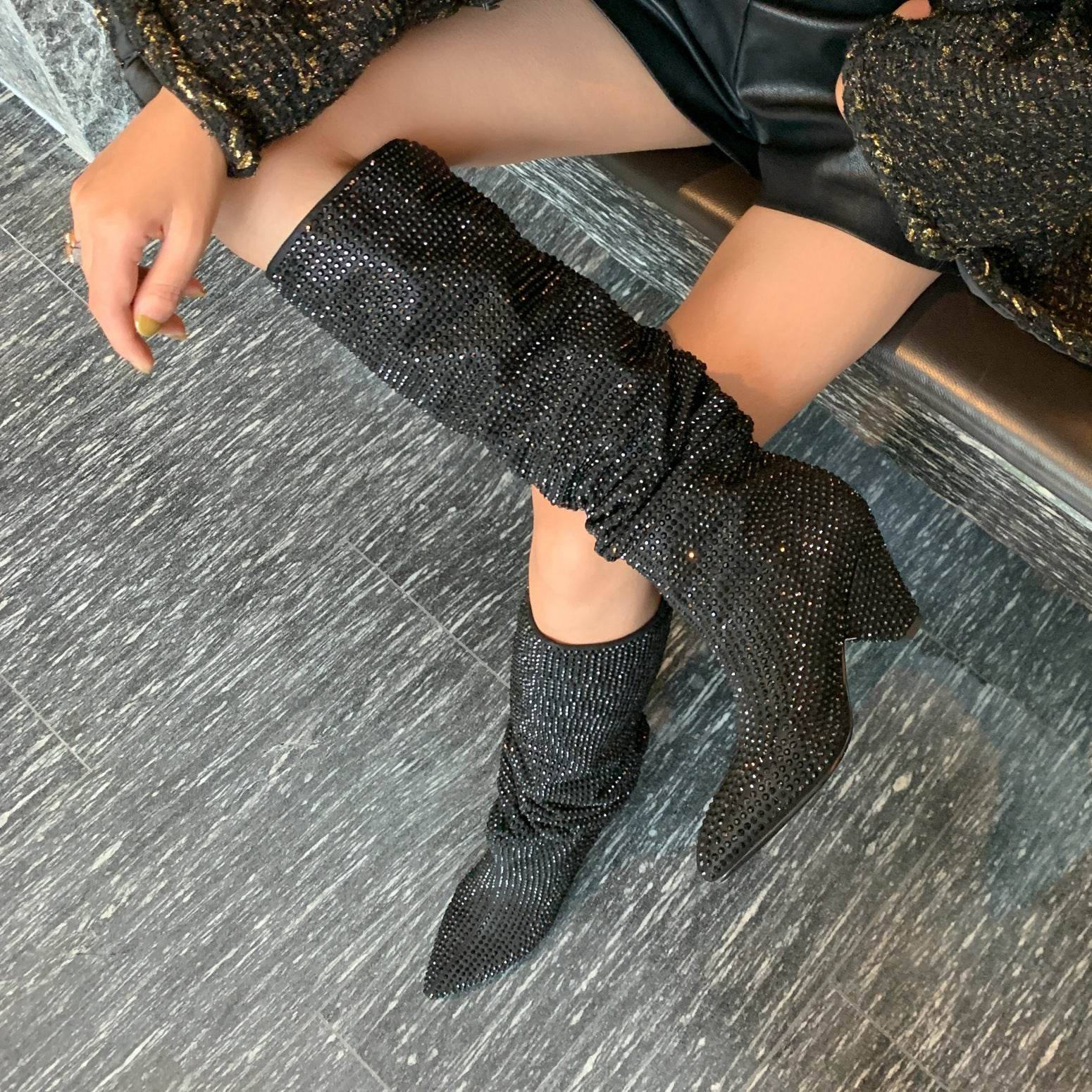 Tapered Heel Silver Rhinestone Tall Fashion Women's Boots - Mubimart