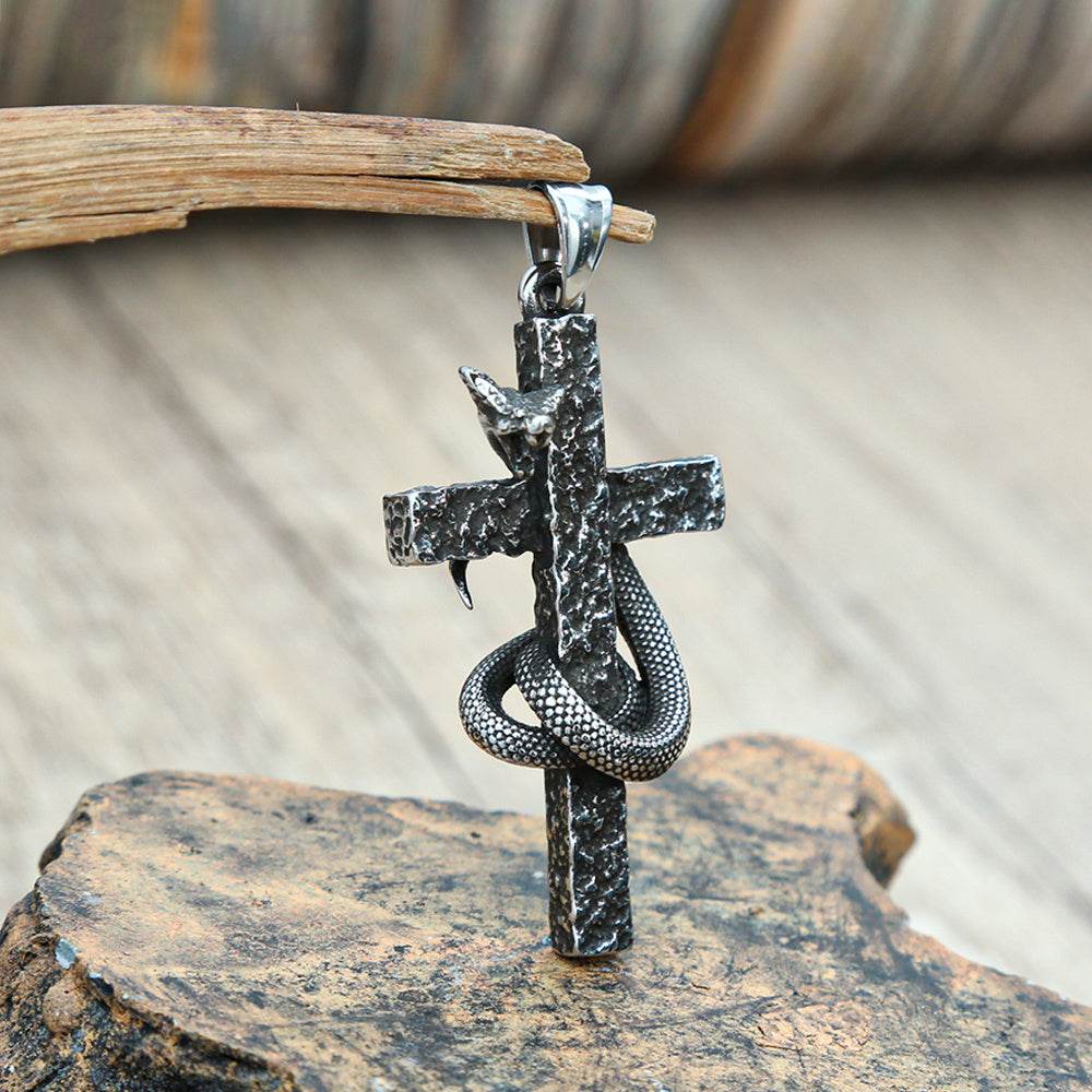 Mens Fashion Vintage Solid Three-dimensional Cobra Cross Pendant Necklace - Mubimart
